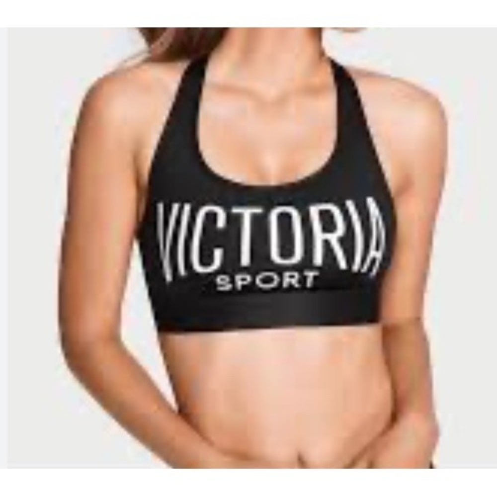 Victoria Sport Logo Sports Bra Black Strappy Back Racerback Size Large‎